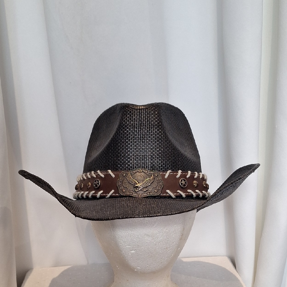 Buy 4 Store Western Style Black Straw Cowboy Hat with Brown Leather Band
